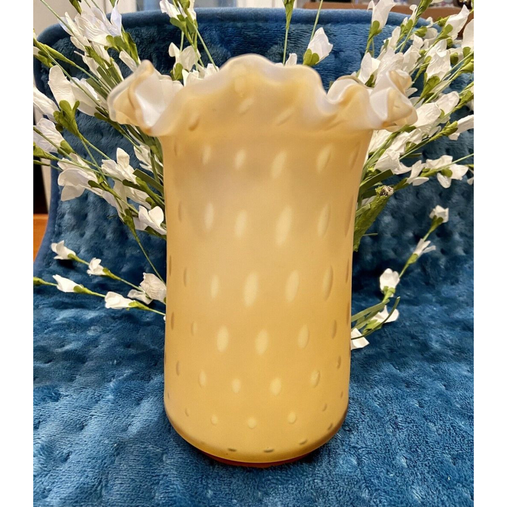 VTG Satin Harvest Gold Bubble Optic Overlay Vase, Ruffle top. 6.5x5in.